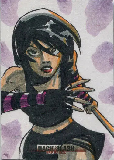 Stylized illustration of woman with dark hair in black top for Hack Slash Bad card