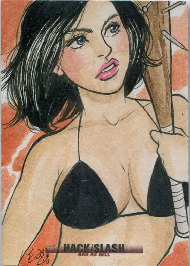 Stylized illustration of a woman in a black bikini top from Hack Slash Bad As Hell 5finity