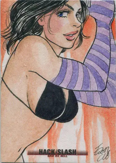 Stylized illustration of a woman in a black bra from Hack Slash Bad As Hell card