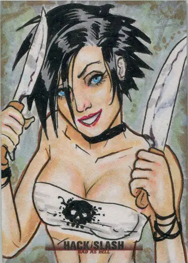 Stylized illustration of a woman with spiky hair in Hack Slash Bad As Hell Sketch Card