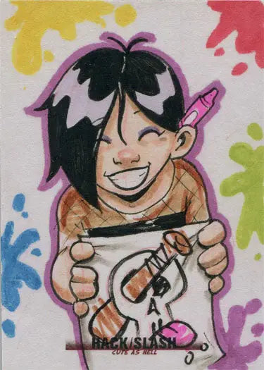 Cartoon character smiling with guitar sketch from Hack Slash Cute As Hell Sketch Card