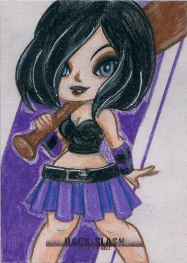 Cartoon-style girl with black hair and baseball bat in Hack Slash Cute sketch card