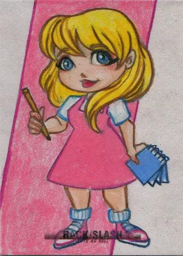 Cartoon blonde girl with pencil and notebook in Hack Slash Cute As Hell sketch card art