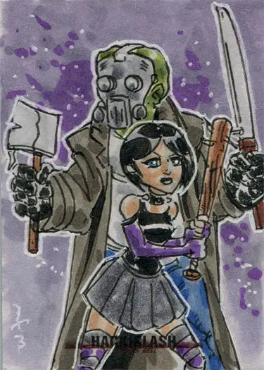 Cartoon-style Hack Slash Cute characters with a masked figure and woman wielding a sword