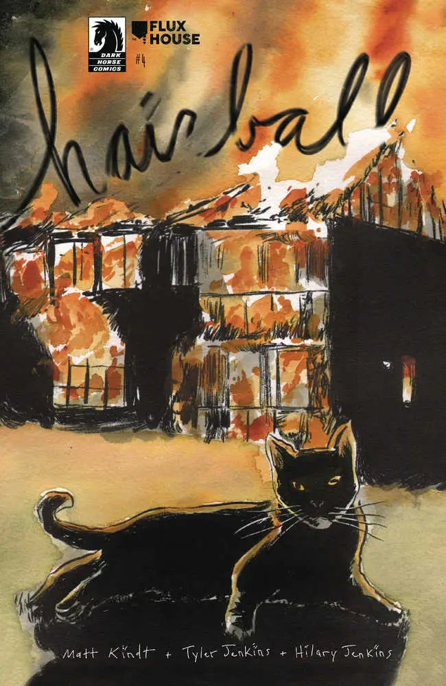 Black cat in front of a burning building on Hairball #4 Cover A Kindt trading card