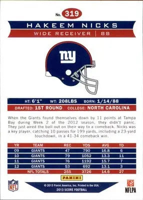 Hakeem Nicks - 2013 Score - #319 - Football - Football Card Single