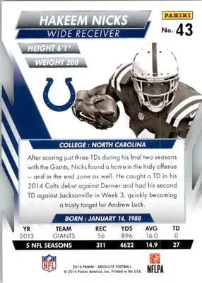 Hakeem Nicks - 2014 Panini Absolute - #43 - Retail Football - Football Card Single