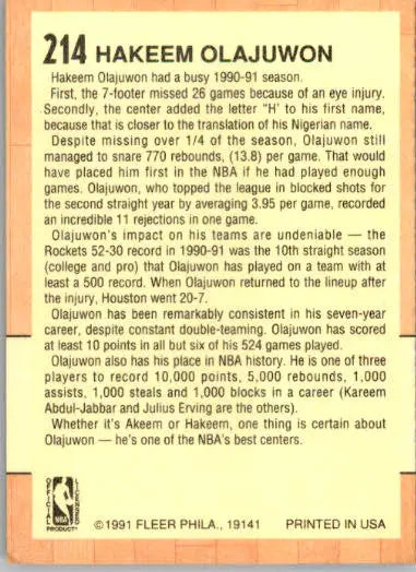 Hakeem Olajuwon - 1991-92 Fleer - #214 - Basketball - Basketball Card Single