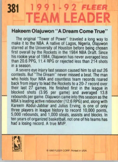 Hakeem Olajuwon - 1991-92 Fleer - #381 - Basketball - Basketball Card Single