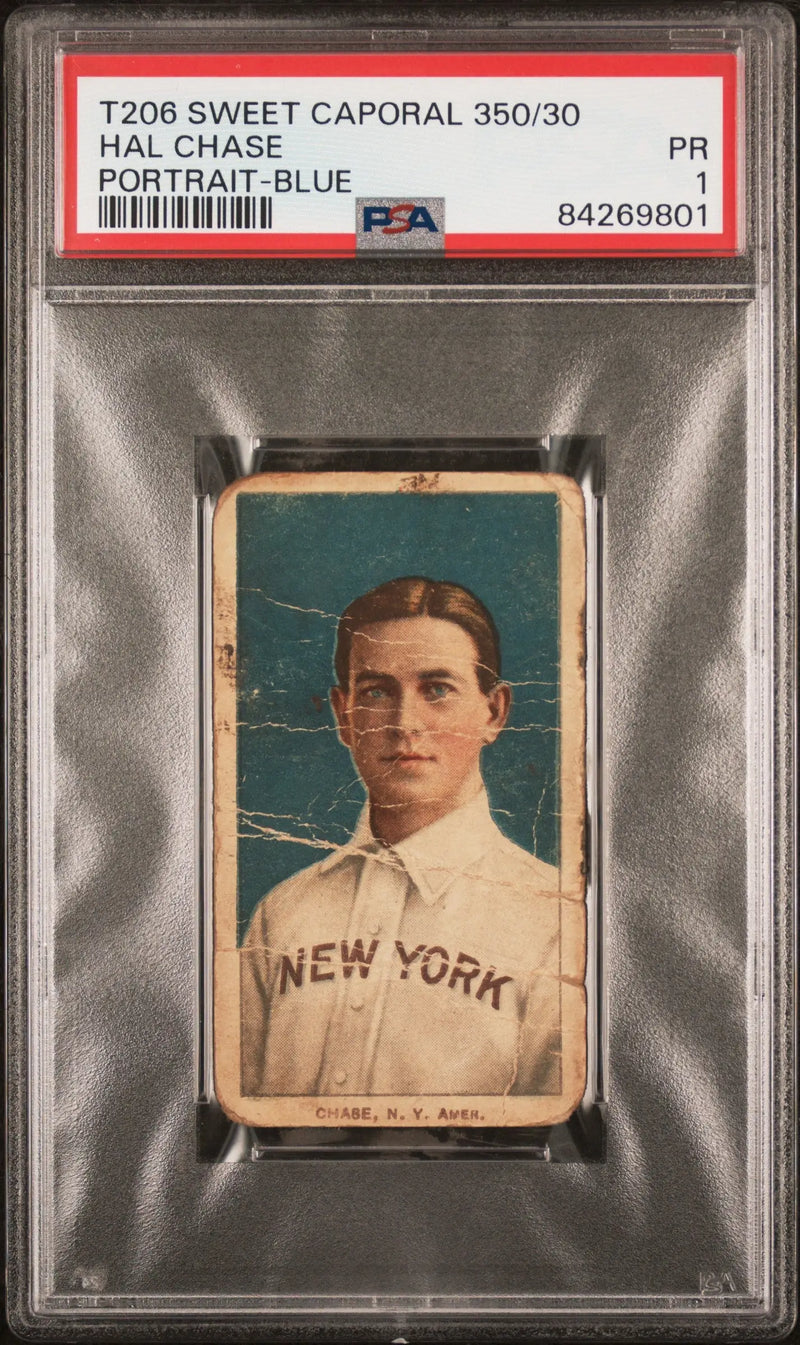 PSA-graded Hal Chase T206 Sweet Caporal baseball card on teal background