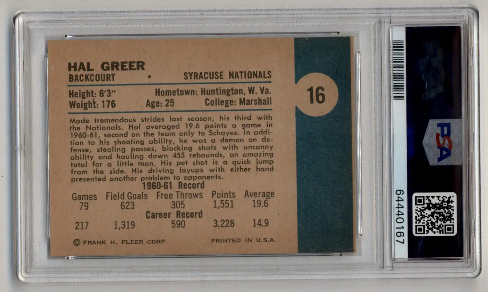 Hal Greer 1961-62 Fleer #16 PSA 7 Near Mint - Basketball Card Single