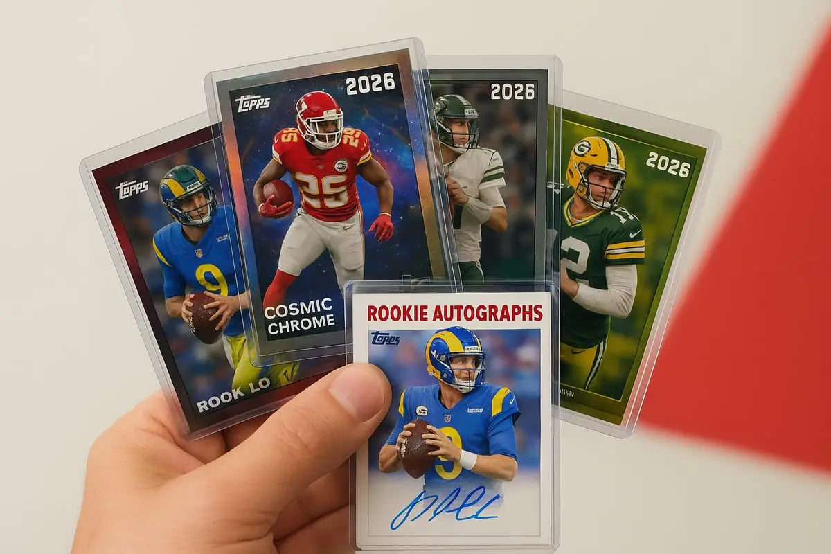 Hand holding 2026 football card Topps collection in vibrant uniforms