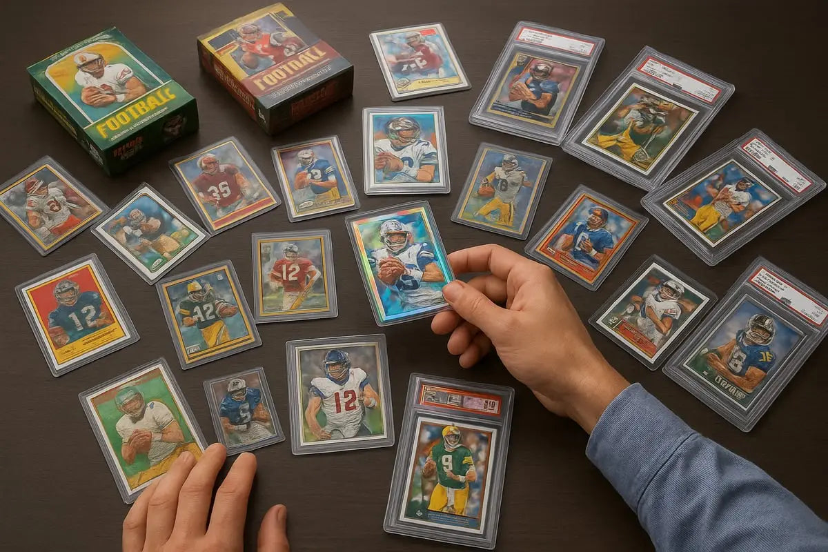 Hand holding vibrant blue football card in action-packed collection
