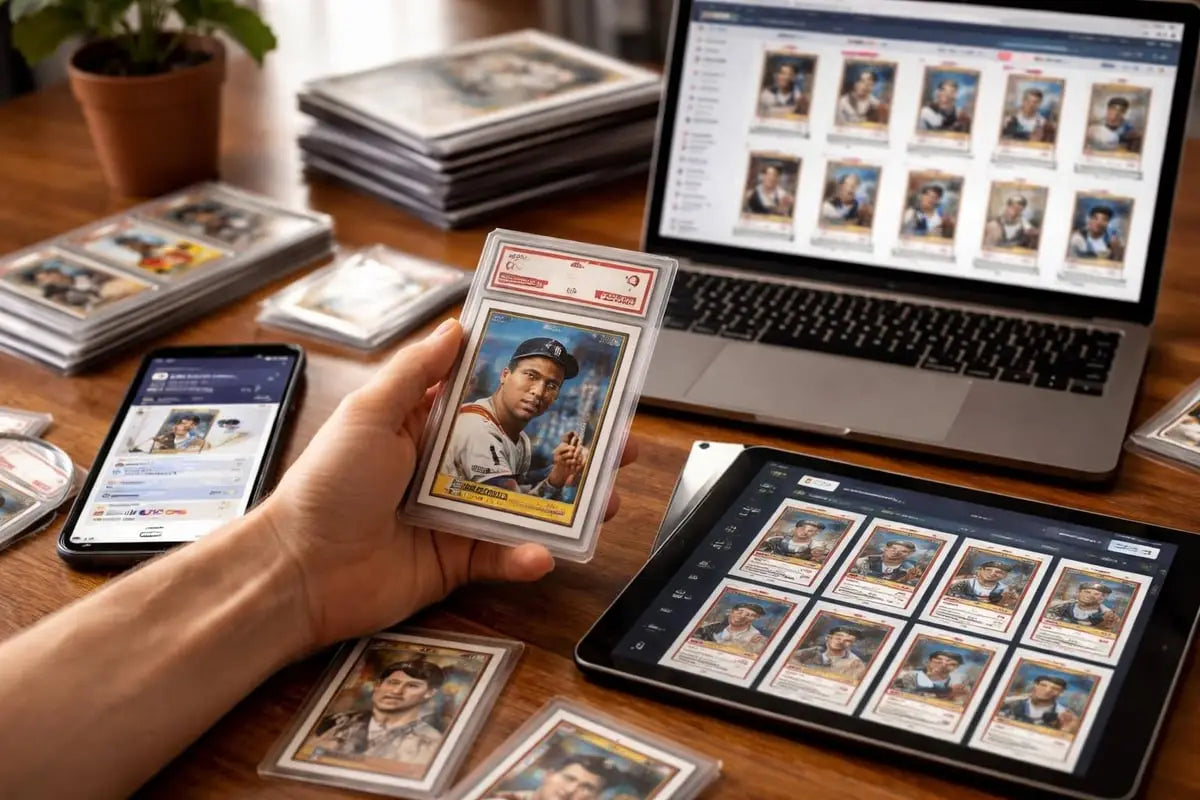 A hand holds a vintage baseball card encased in a clear protective slab with a red and white grading label showcasing the historical significance of baseball cards in collecting.