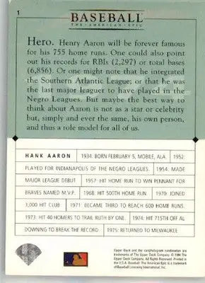 Hank Aaron - 1994 Upper Deck Baseball: The American Epic - #1 - GM Baseball - Baseball Card Single