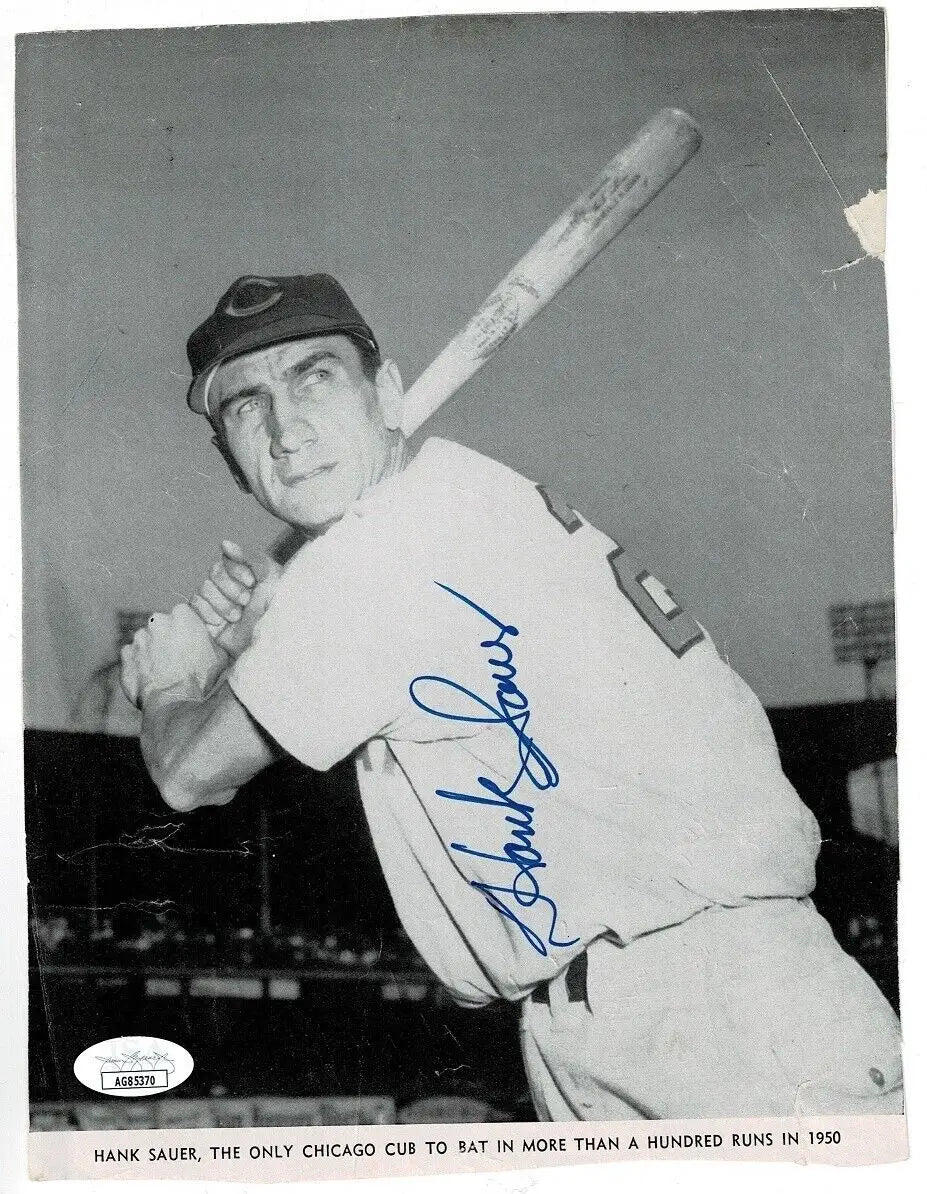 Signed Hank Sauer baseball photo from Cubs signed page inside cover 1959 magazine