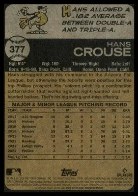 Hans Crouse Rookie 2022 Topps Heritage #377 Philadelphia Phillies - Baseball Card Single