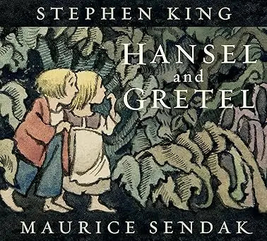 Illustrated children’s book cover of Hansel and Gretel in a forest, inspired by Maurice Sendak