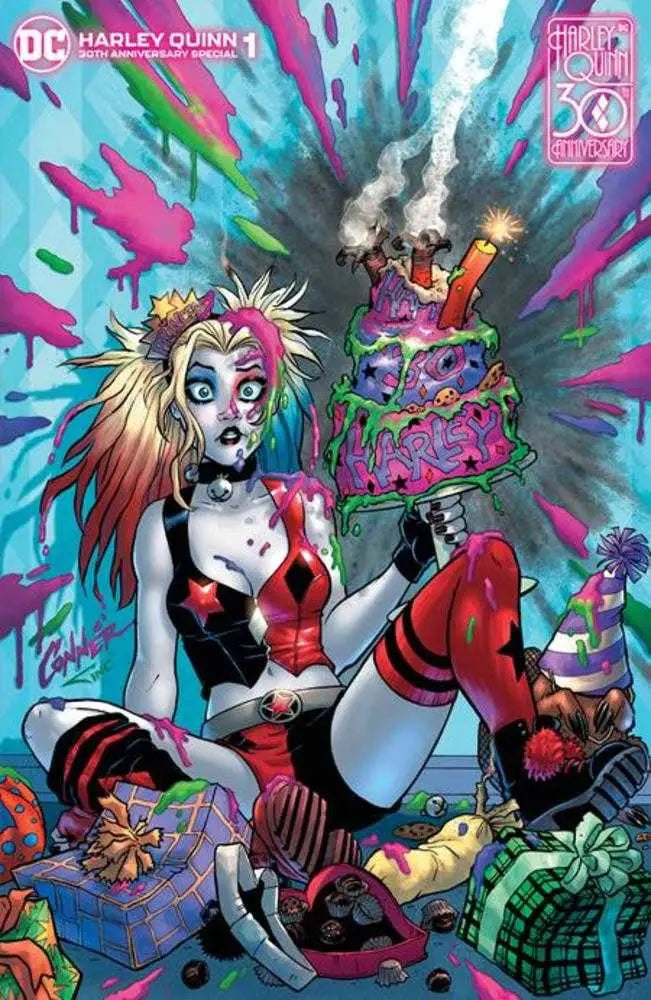 Colorful Harley Quinn comic cover by Amanda Conner featuring a vibrant character and cake
