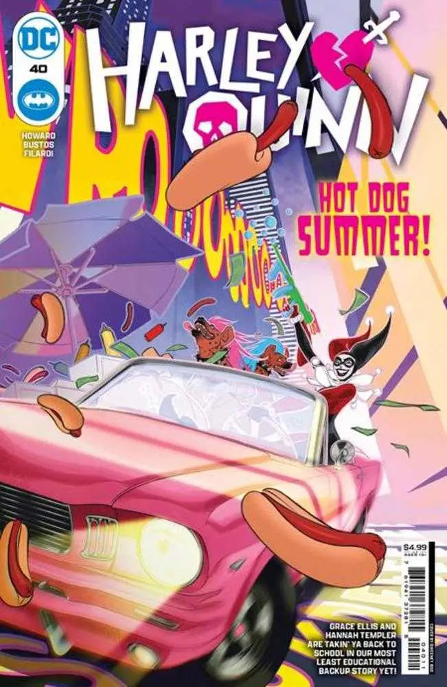Comic book cover of Harley Quinn #40 with hot dogs raining on pink car for trading cards