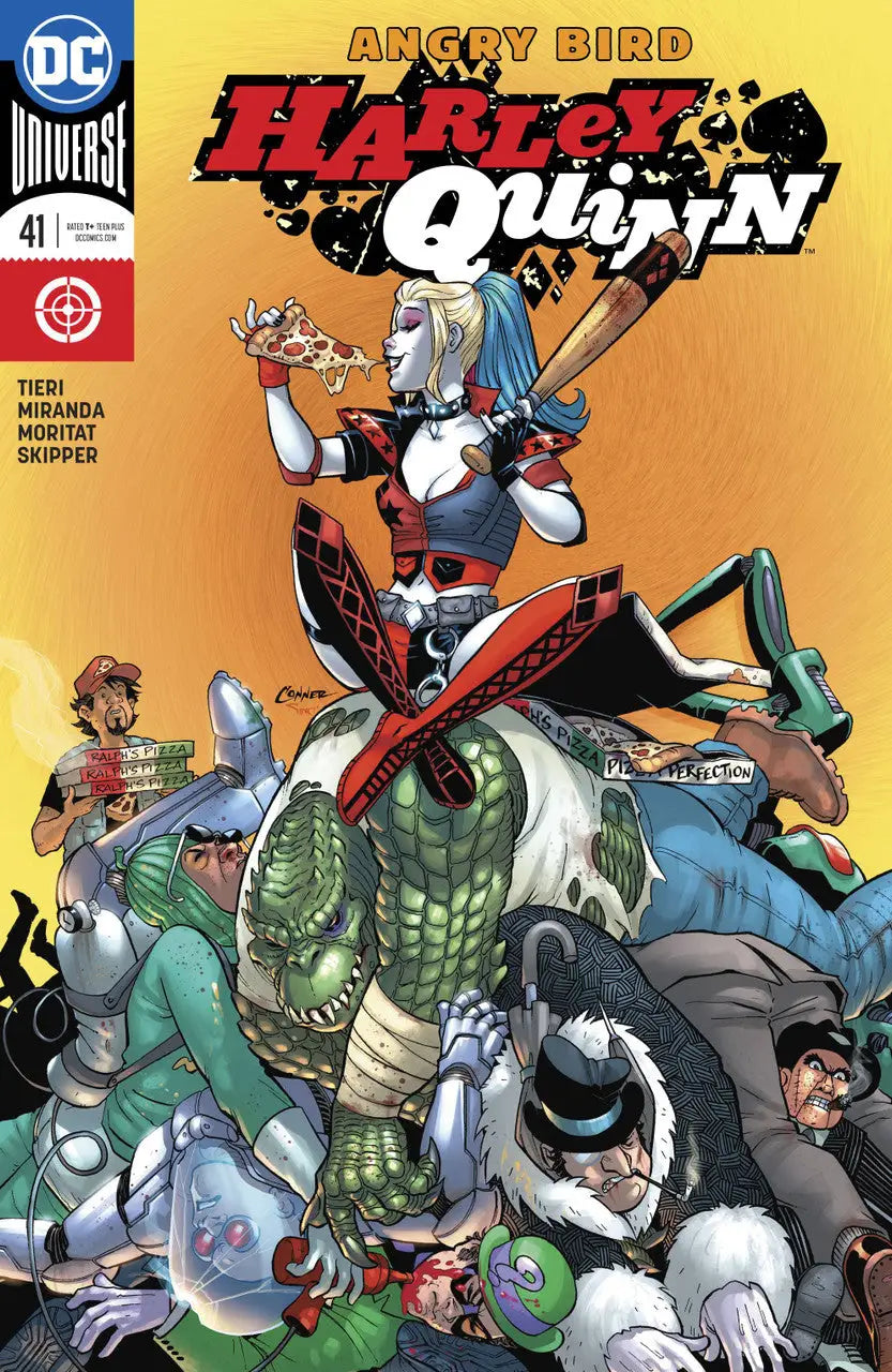 Comic book cover of HARLEY QUINN #41 featuring chaotic action by Frank Tieri and Inaki Miranda