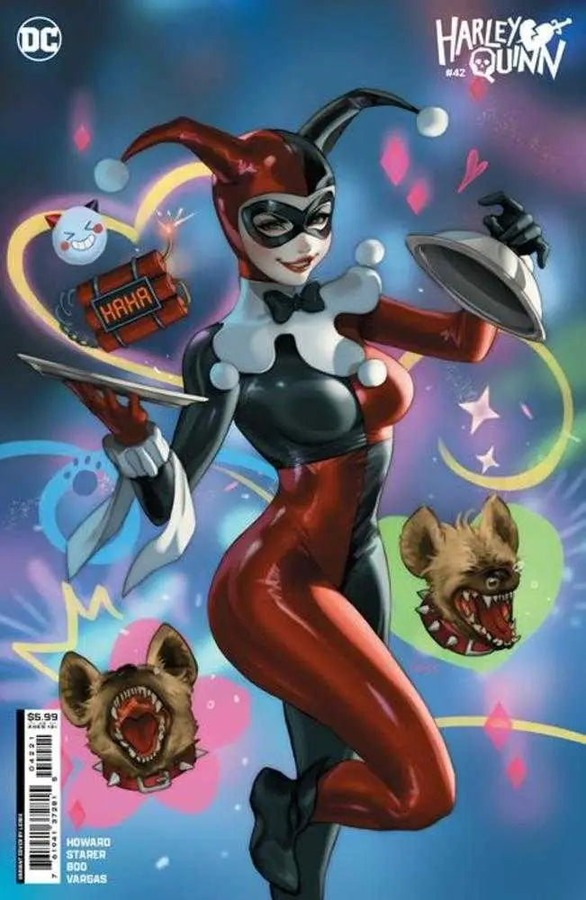 Costumed character in jester outfit poses with floating hyena heads, Harley Quinn Cover B Lesley