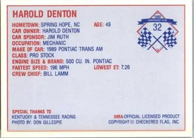 Harold Denton - 1989 Checkered Flag IHRA - #32 - Racing - Racing Card Single