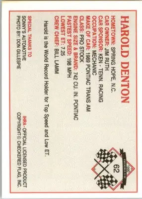 Harold Denton - 1990 Checkered Flag IHRA - #62 - Racing - Racing Card Single