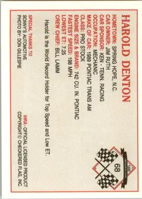 Harold Denton - 1990 Checkered Flag IHRA - #68 - Racing - Racing Card Single