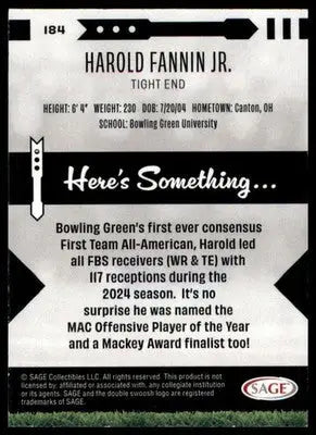 Harold Fannin Jr. 2025 SAGE HIT #184 Bowling Green Falcons - Football Card Single