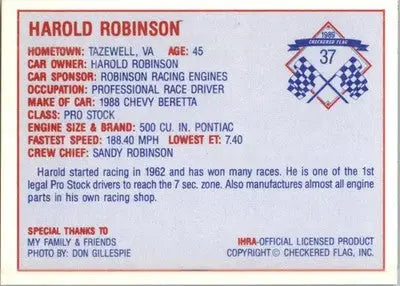 Harold Robinson - 1989 Checkered Flag IHRA - #37 - Racing - Racing Card Single