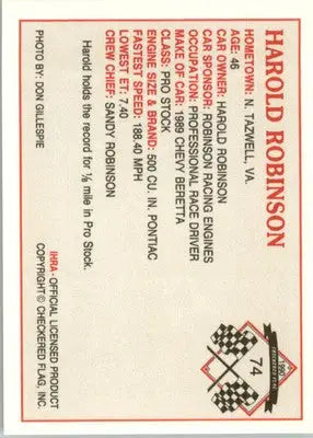 Harold Robinson - 1990 Checkered Flag IHRA - #74 - Racing - Racing Card Single