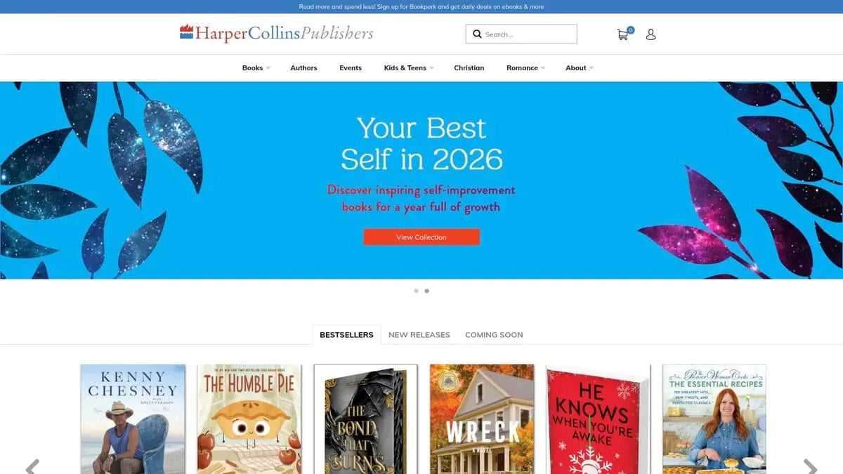 HarperCollins homepage with bestsellers in baseball cards picks article