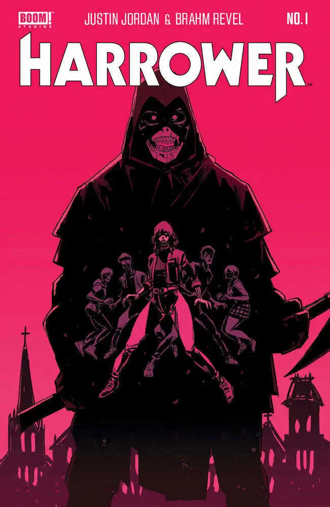 Comic book cover of Harrower #1 showing a dark hooded figure and silhouettes, ideal for trading cards enthusiasts