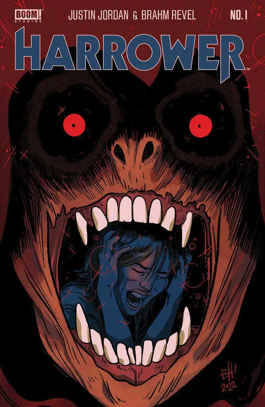 Harrower #1 Cover B features a menacing monster face with glowing red eyes and sharp teeth