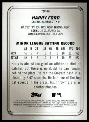 Harry Ford 2022 Bowman Platinum Top Prospects Ice Foilboard #TOP-40 Mariners - Baseball Card Single