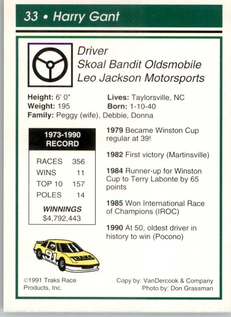 Harry Gant - 1991 Traks - #33 - Racing - Racing Card Single