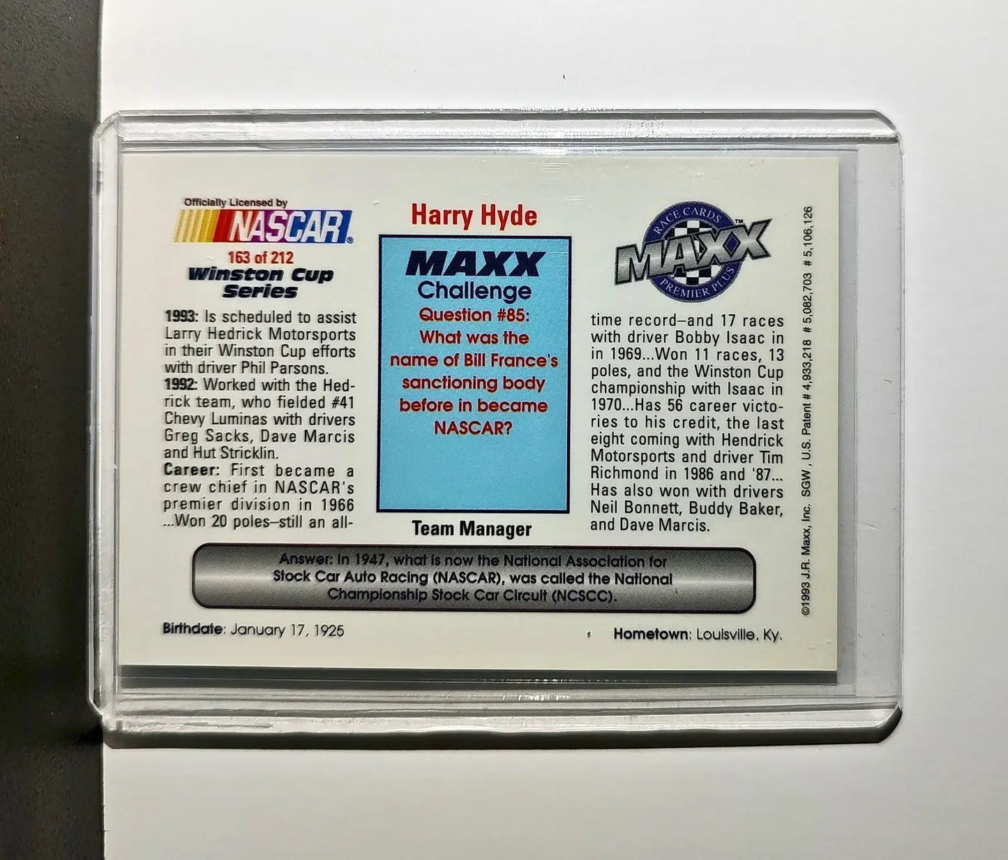 Harry Hyde 1993 Maxx Premier Plus Racing #163 NASCAR Larry Hedrick Motorsports - Racing Card Single