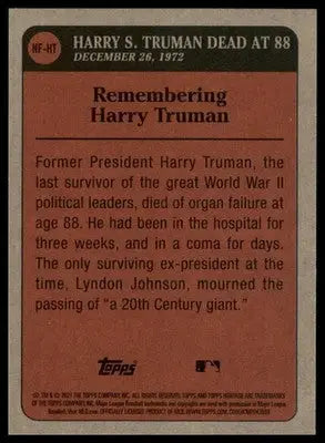 Harry Truman 2021 Topps Heritage News Flashbacks #NF-HT - Baseball Card Single