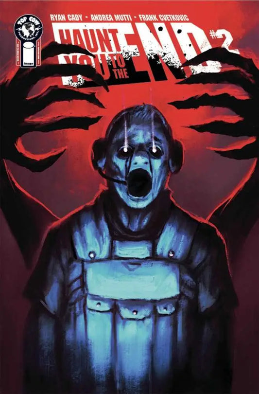 Screaming figure in overalls under blue light on Haunt You To The End #2 Cover B Henderson