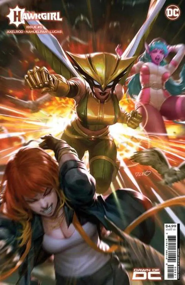 Dynamic Hawkgirl comic cover artwork with dramatic lighting effects, perfect for trading cards