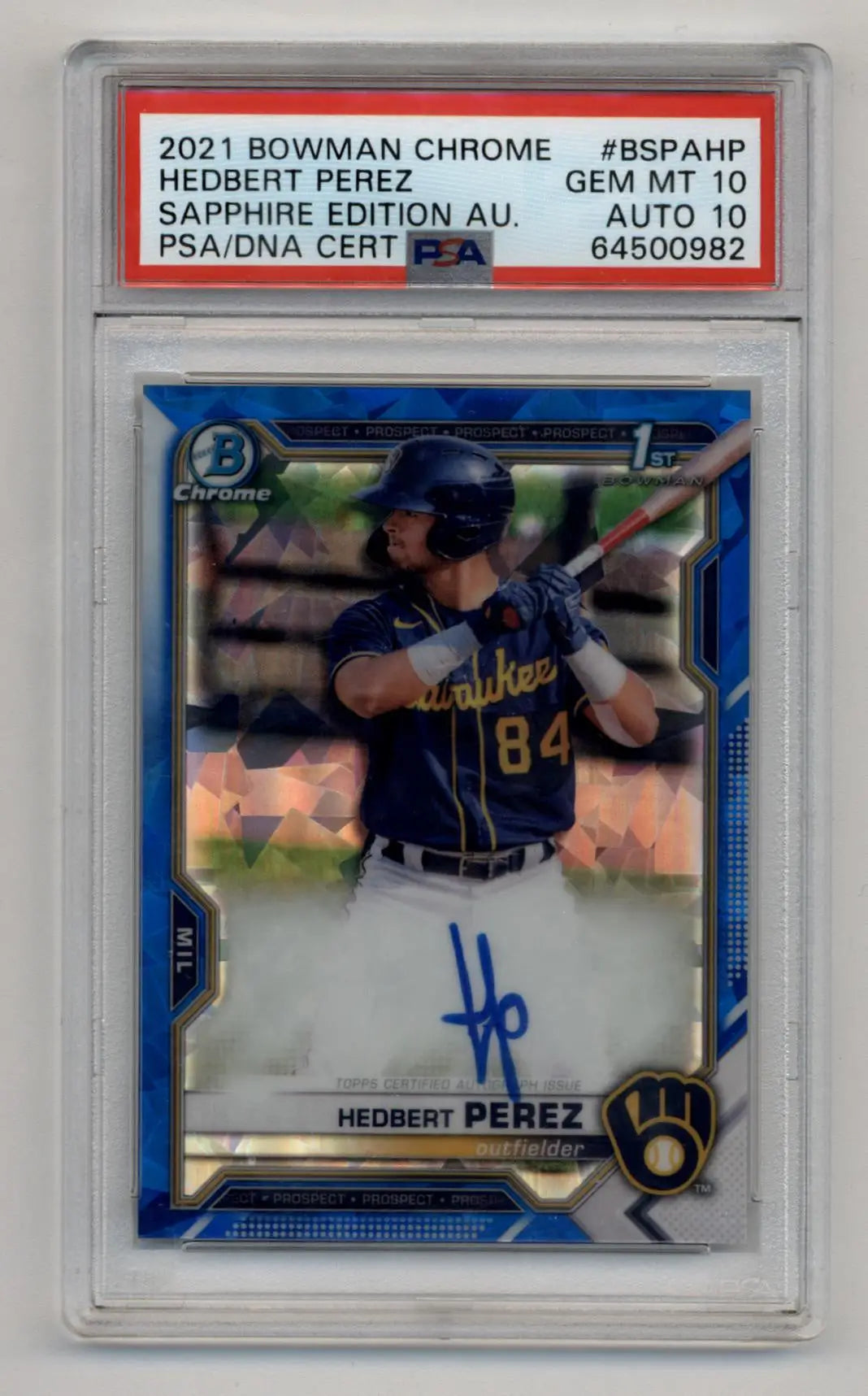 Hedbert Perez 2021 Bowman Chrome Sapphire Edition Auto PSA 10 Gem Mint Auto 10 - Baseball Card Single