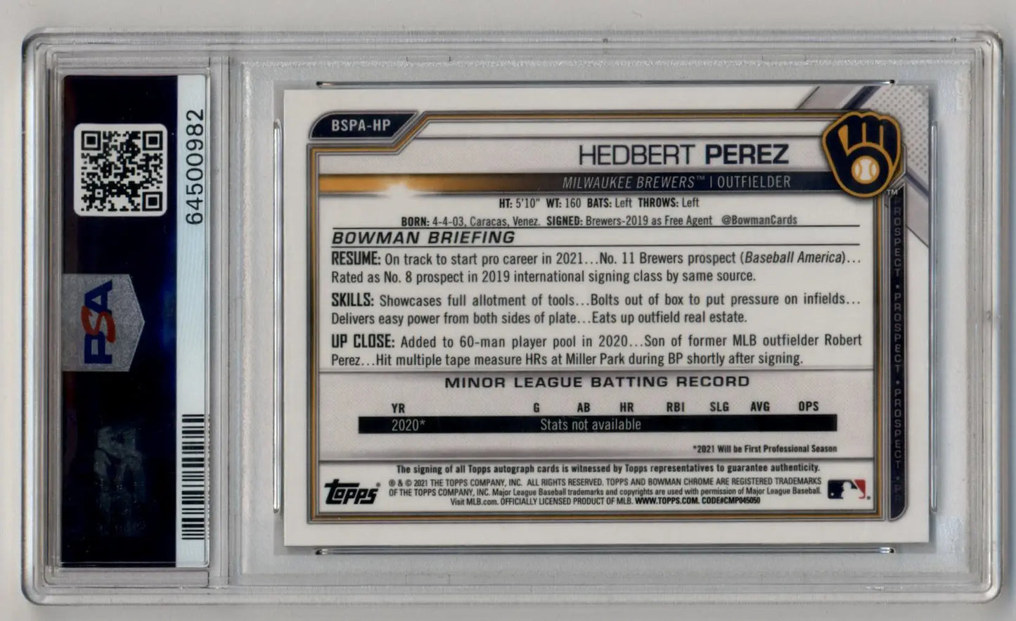 Hedbert Perez 2021 Bowman Chrome Sapphire Edition Auto PSA 10 Gem Mint Auto 10 - Baseball Card Single