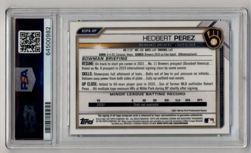 Hedbert Perez 2021 Bowman Chrome Sapphire Edition Auto PSA 10 Gem Mint Auto 10 - Baseball Card Single