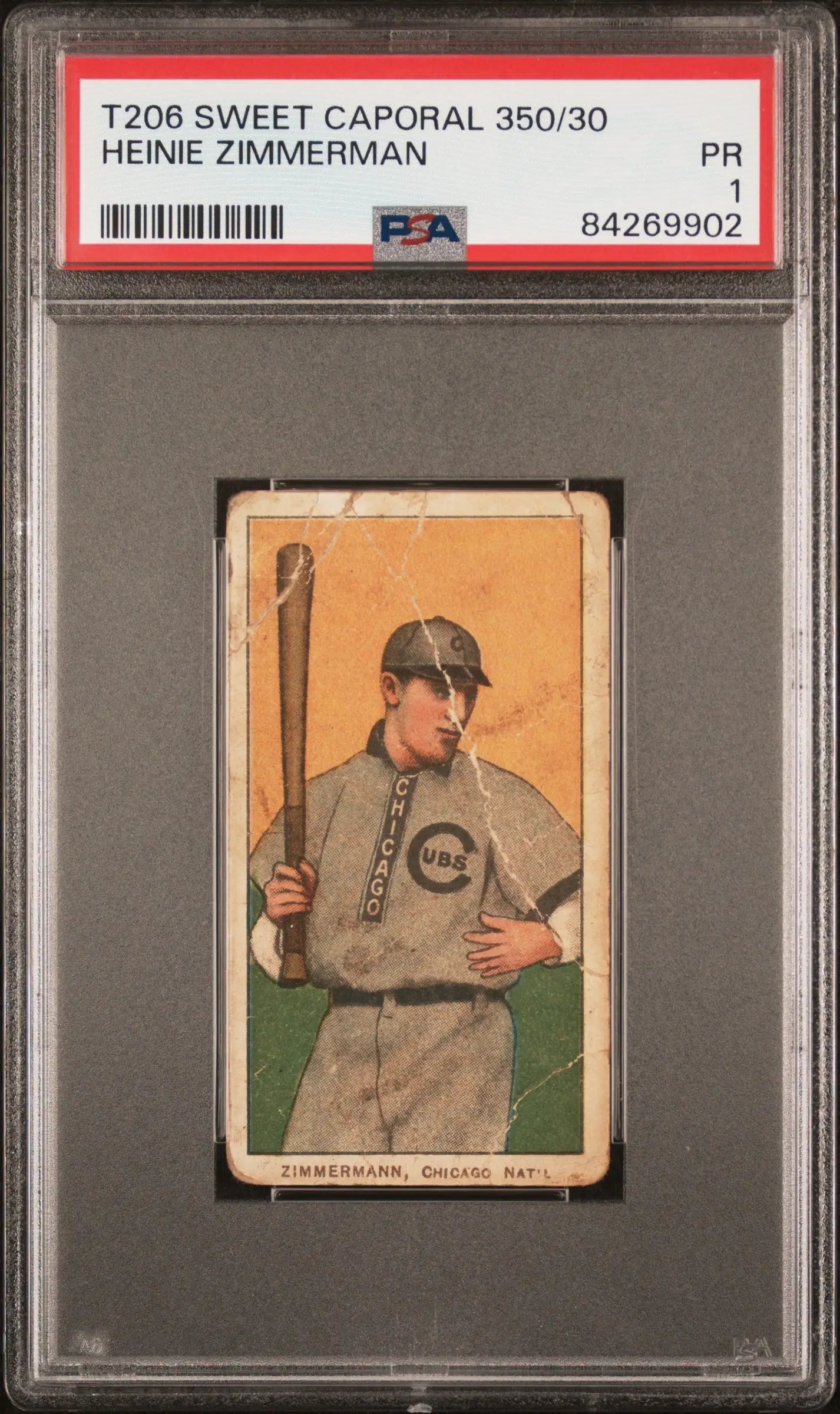 Vintage T206 Sweet Caporal card of Heinie Zimmerman in PSA holder, Chicago Cubs player