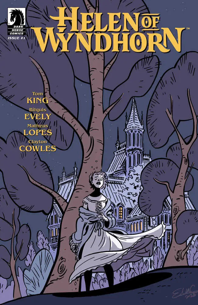 Gothic comic book cover for Helen of Wyndhorn #1 featuring a figure by bare trees