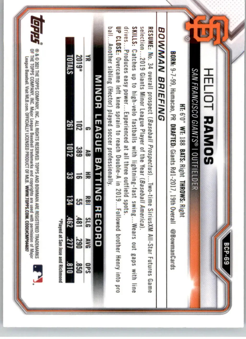 Heliot Ramos - 2021 Bowman - #BCP-69 - Chrome Prospects Mojo Refractor Baseball