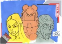 Pixelated illustration of alien heads on Jeff Zugale Sketch Card for trading cards