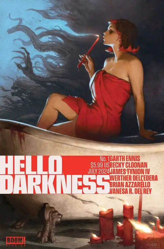 Movie poster of Hello Darkness #1 featuring a woman in red dress and swirling smoke