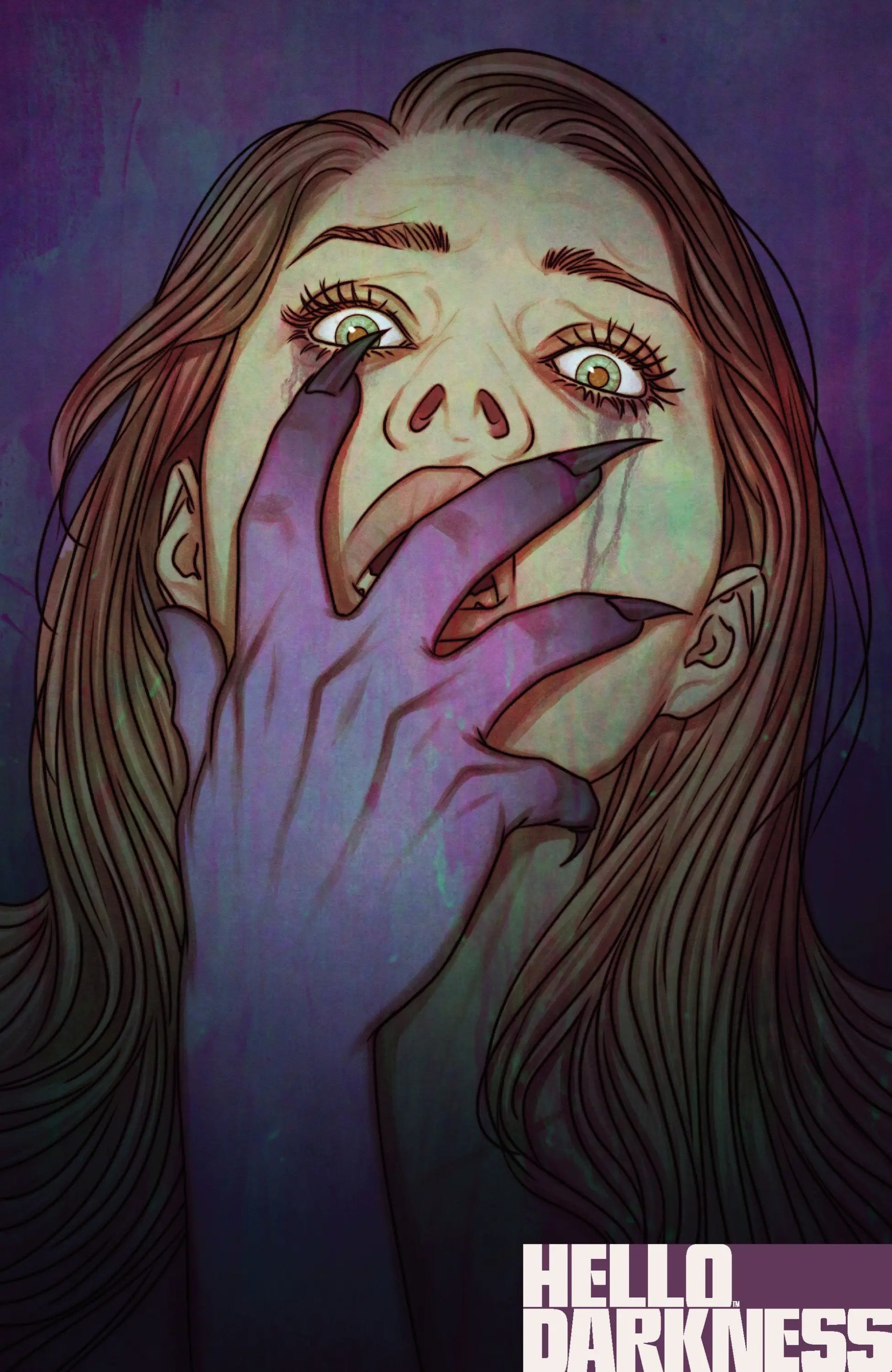 Comic book cover of terrified woman with monstrous hand in Hello Darkness #12 B Variant Dressed Frison